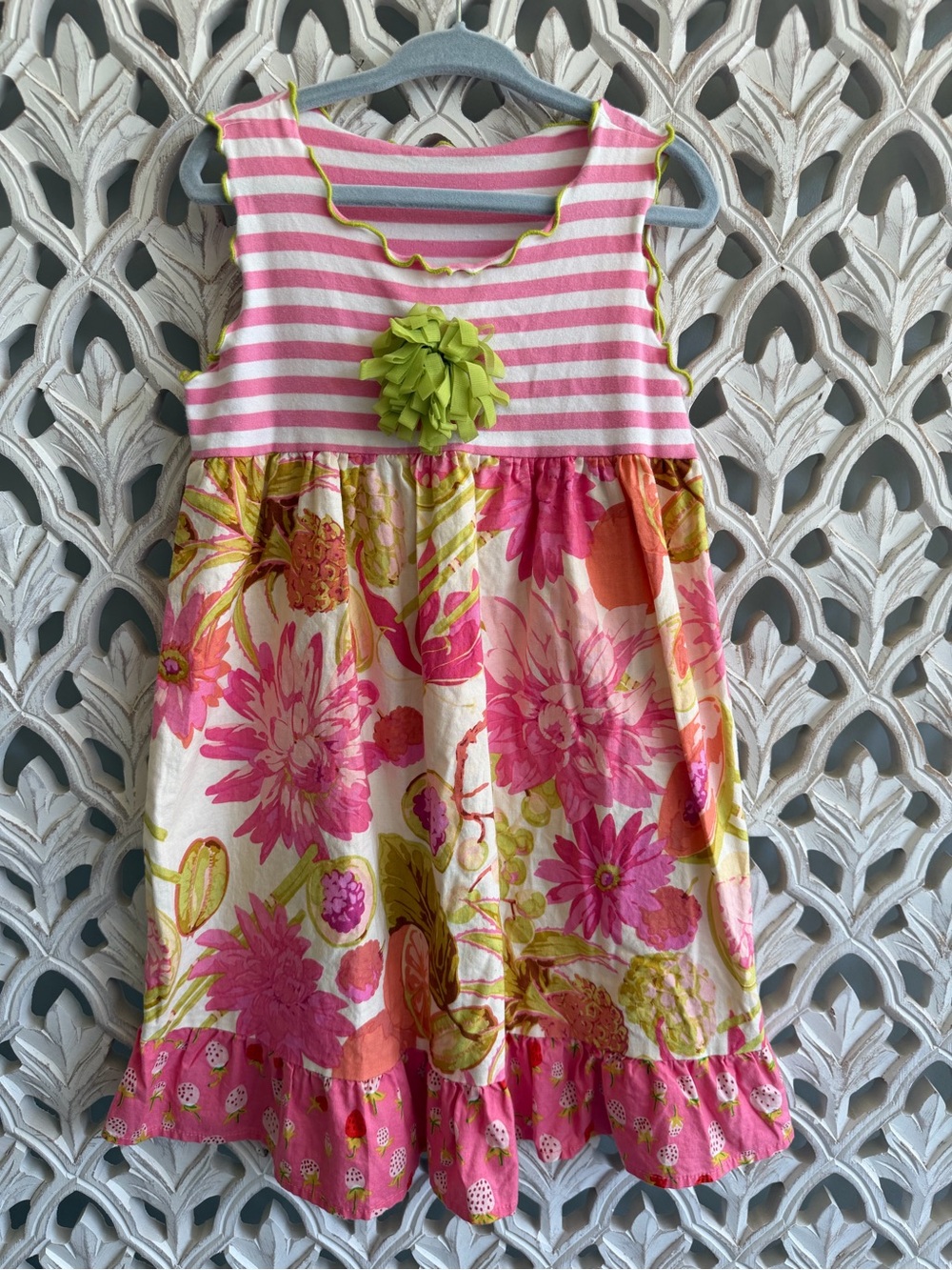 Silly Milly Girls Floral Stripe Dress Size 6 Pink Green